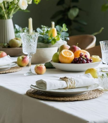 A calming dining table setting with warm lighting, simple table arrangements, fresh flowers, and seasonal fruits, evoking a sense of peace and mindfulness.