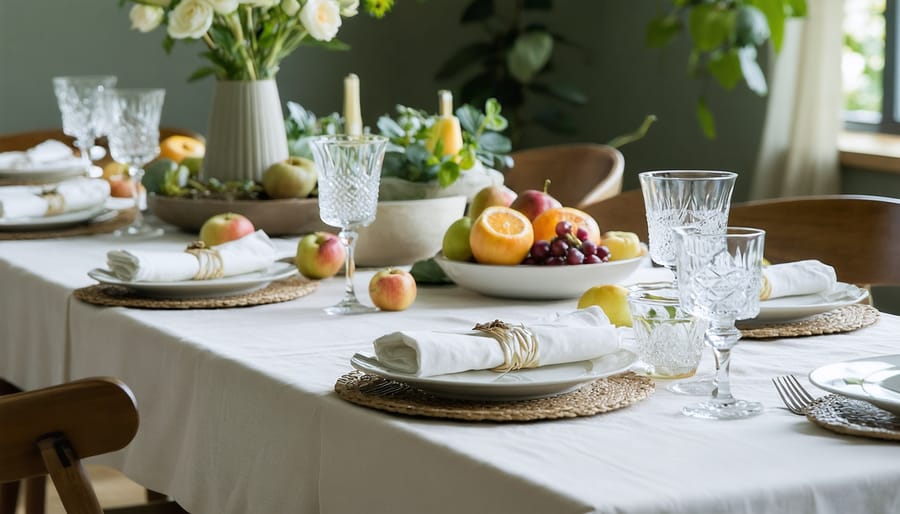 A calming dining table setting with warm lighting, simple table arrangements, fresh flowers, and seasonal fruits, evoking a sense of peace and mindfulness.