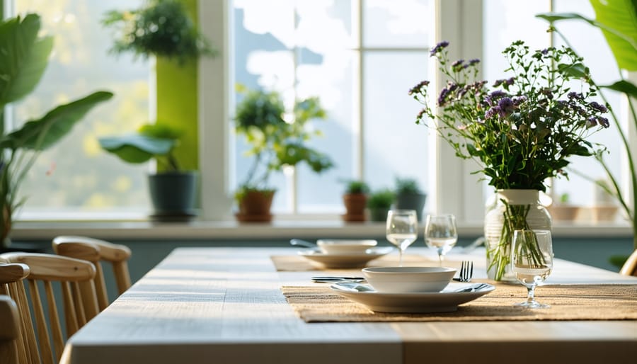 Peaceful dining setting with natural light, simple table arrangement, and no digital devices