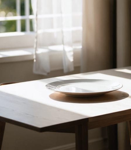 A serene dining table setup with natural light, featuring a minimalistic table arrangement and a single place setting to encourage mindful eating.