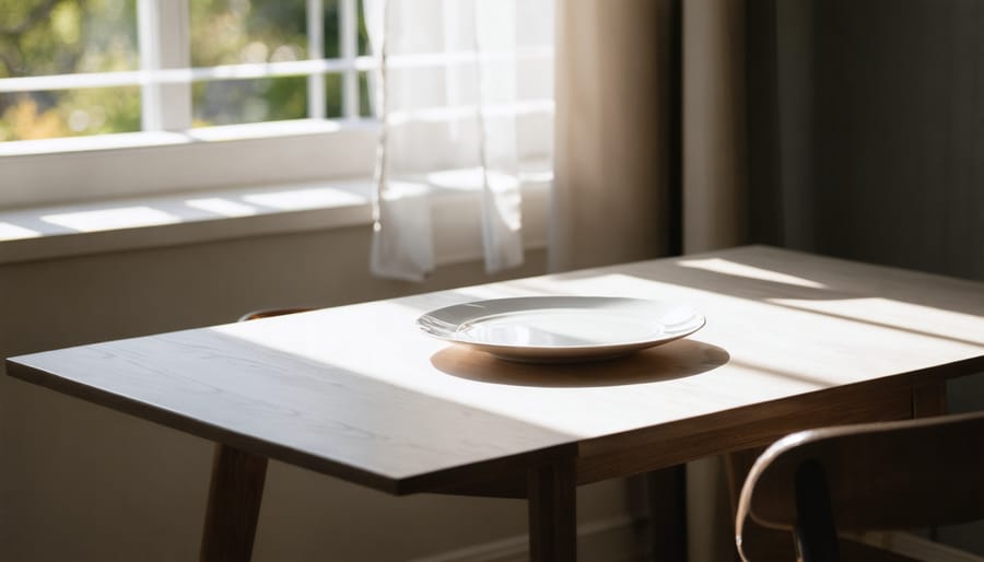 A serene dining table setup with natural light, featuring a minimalistic table arrangement and a single place setting to encourage mindful eating.