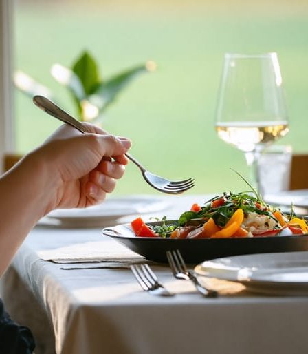 A person thoughtfully preparing to eat at a beautifully set table, embodying the practice of mindful eating with elements of calmness and focus around them.