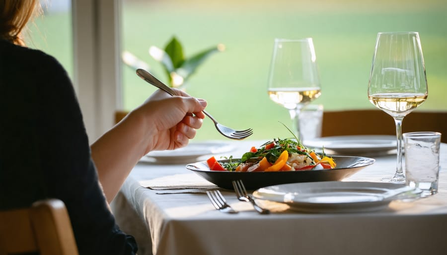 A person thoughtfully preparing to eat at a beautifully set table, embodying the practice of mindful eating with elements of calmness and focus around them.