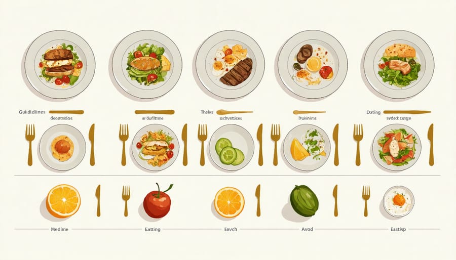 Visual representation of five key mindful eating techniques including proper posture, slow eating, and conscious chewing