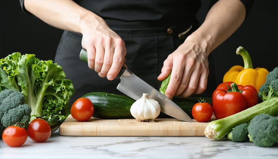 Person's hands carefully chopping colorful vegetables on a wooden cutting board