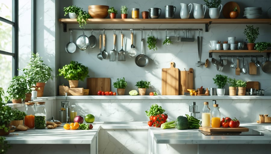 Organized kitchen counter with wooden cutting board, fresh herbs, and natural light streaming through window