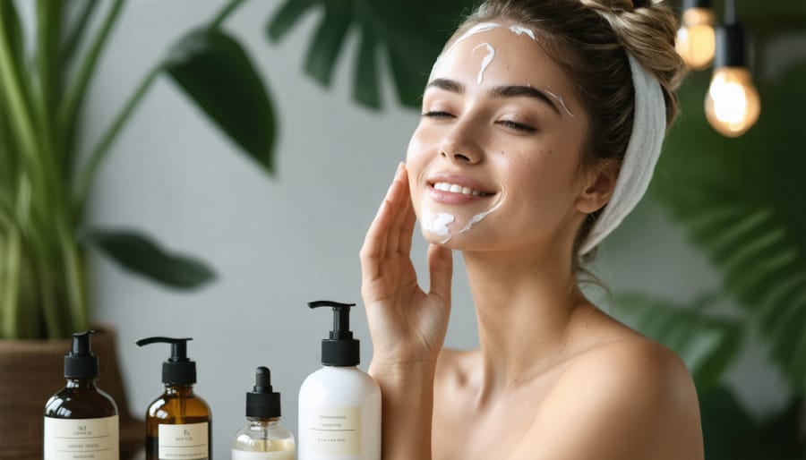 Woman mindfully applying natural skincare products during morning routine