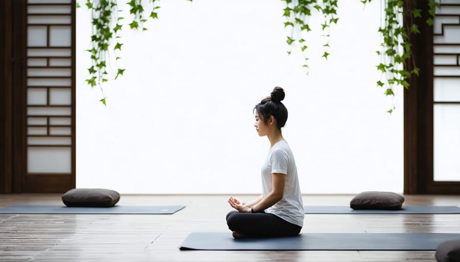 A person gracefully engaged in a mindful movement body scan in a peaceful, minimalist space, demonstrating the blend of gentle motion and focused awareness.