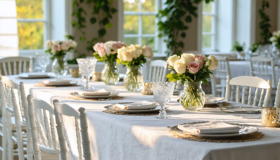 Tranquil dining table setting with natural elements and soft lighting creating a peaceful atmosphere