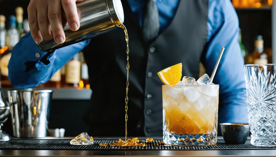 Bartender pouring a vibrant non-alcoholic drink from a shaker into a garnished glass