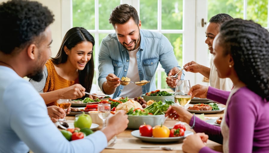 Multicultural family celebration with traditional foods and customs from different cultures