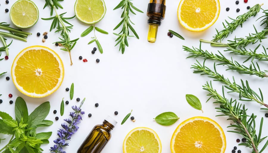 Organized display of fresh ingredients for non-alcoholic beverages including mint, citrus, berries, and aromatic herbs