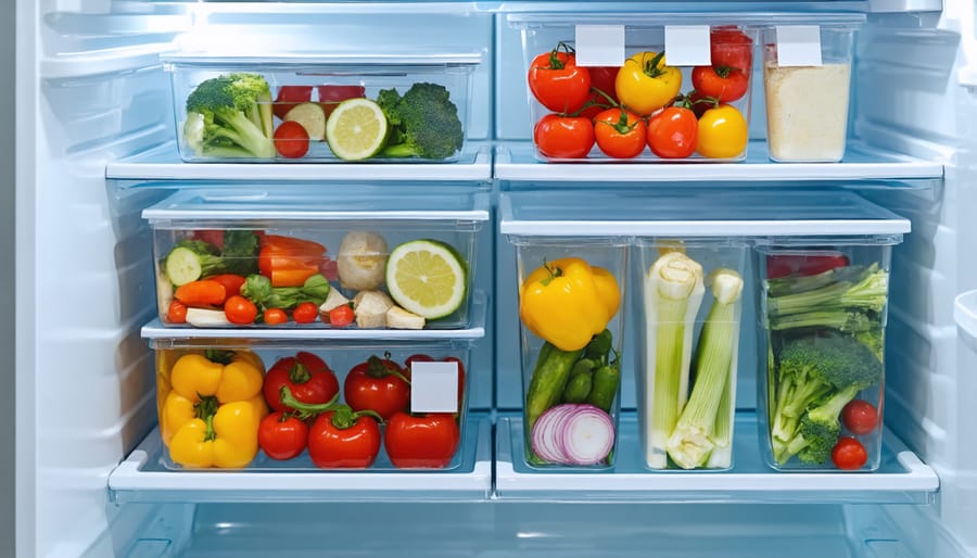 Well-organized refrigerator showing properly stored and labeled leftover containers