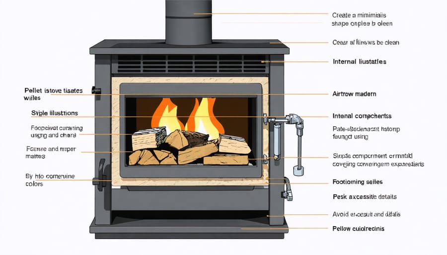 Technical illustration showing the key components and operation of a pellet stove