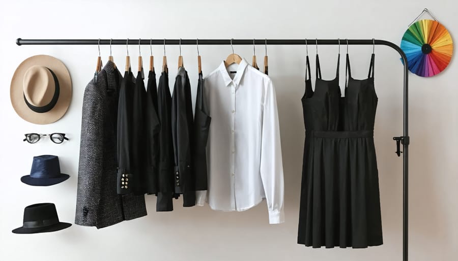 A conceptual image depicting essential wardrobe items like a blazer, white button-down shirt, dark jeans, and a little black dress, symbolizing the creation of a personal and quality wardrobe.