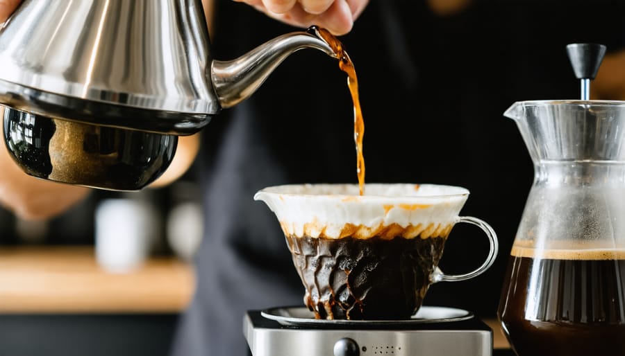 Professional barista demonstrating precise pour-over technique with concentric circles