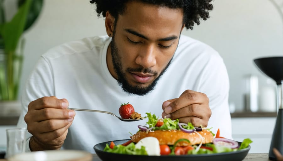 Individual practicing mindful eating by examining their meal with focused attention