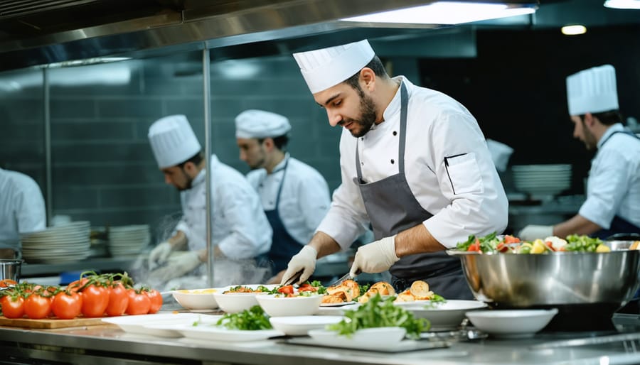 Chef multitasking in a fast-paced commercial kitchen environment