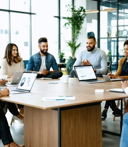 Diverse group of professionals collaborating around a table, embodying modern career success standards like mentorship, work-life balance, and personal development.