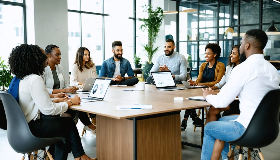 Diverse group of professionals collaborating around a table, embodying modern career success standards like mentorship, work-life balance, and personal development.