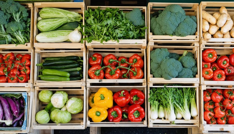 Colorful display of seasonal local produce including vegetables and herbs at farmers market