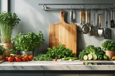 A bright and organized kitchen with a wooden cutting board, fresh seasonal ingredients, and eco-friendly cooking tools, showcasing the essence of mindful cooking.