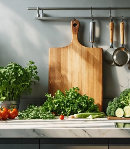 A bright and organized kitchen with a wooden cutting board, fresh seasonal ingredients, and eco-friendly cooking tools, showcasing the essence of mindful cooking.