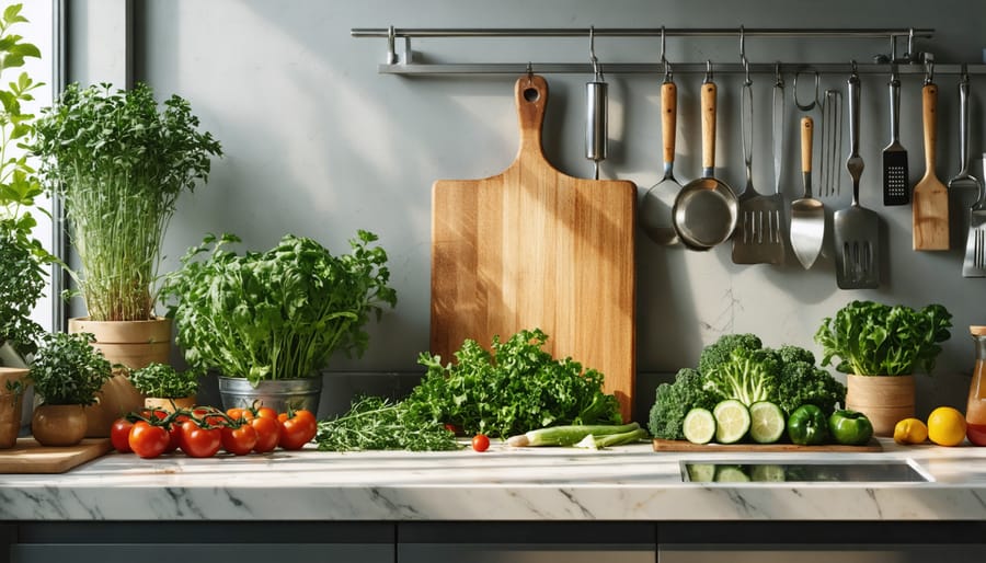 A bright and organized kitchen with a wooden cutting board, fresh seasonal ingredients, and eco-friendly cooking tools, showcasing the essence of mindful cooking.