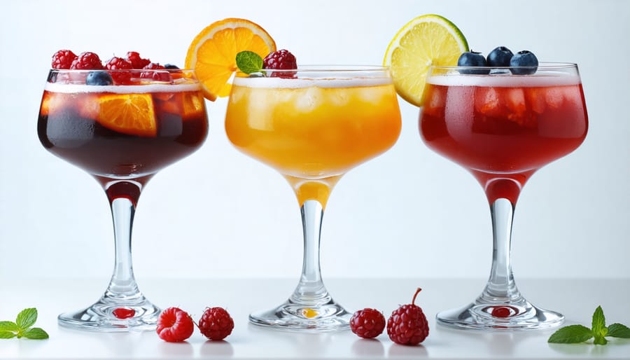 Three sophisticated non-alcoholic cocktails with botanical garnishes in crystal glasses