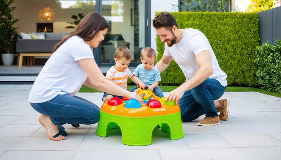 Family enjoying a game of ring toss on a compact patio space