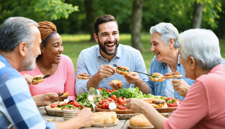 Multi-generational group enjoying meal and conversation at outdoor table