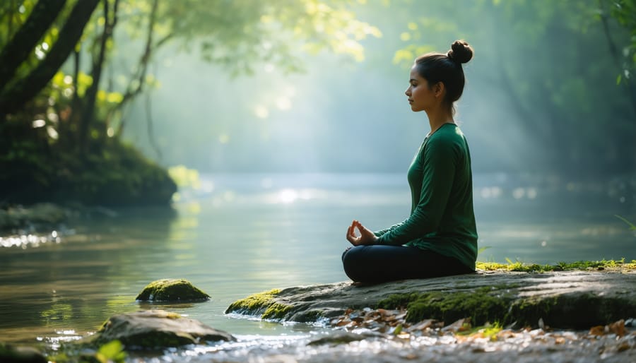 Individual practicing mindfulness meditation in a peaceful outdoor environment