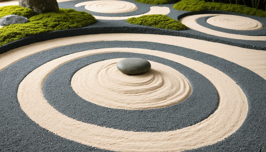 Peaceful zen garden with raked sand patterns and meditation stone