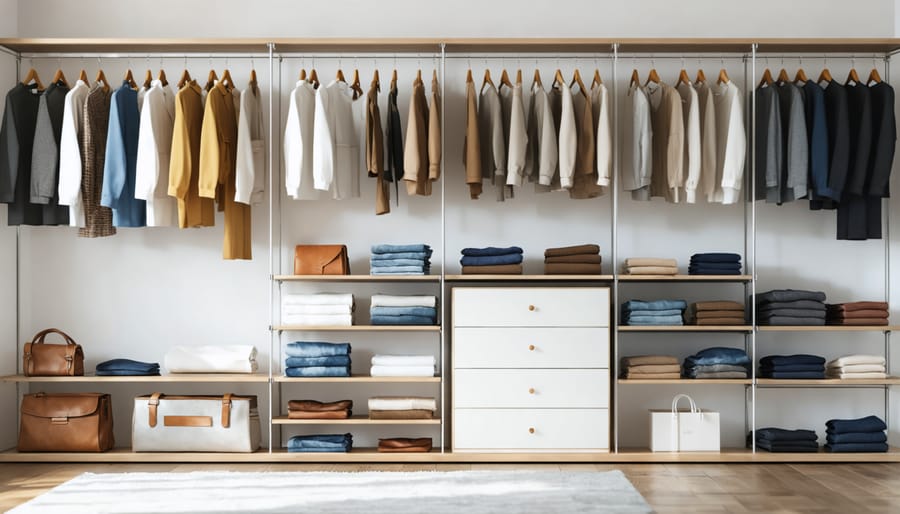 Well-organized capsule wardrobe showing neutral, timeless clothing pieces on wooden hangers