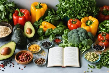 A bright kitchen scene featuring a colorful assortment of fresh vegetables, grains, and legumes, reflecting the abundance and diversity of a vegan lifestyle.