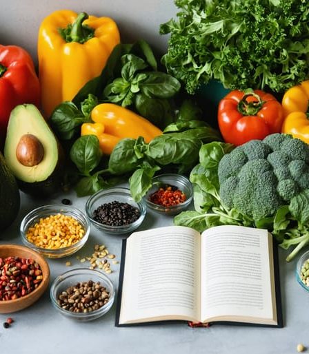 A bright kitchen scene featuring a colorful assortment of fresh vegetables, grains, and legumes, reflecting the abundance and diversity of a vegan lifestyle.