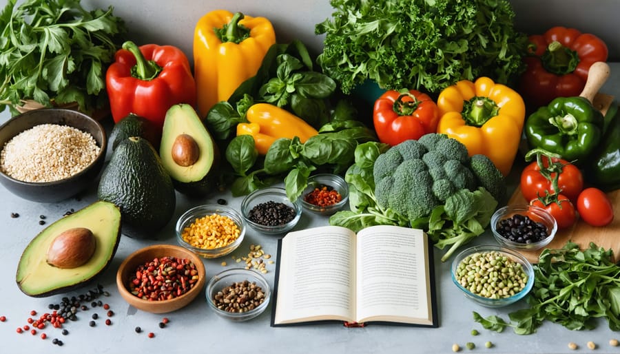 A bright kitchen scene featuring a colorful assortment of fresh vegetables, grains, and legumes, reflecting the abundance and diversity of a vegan lifestyle.