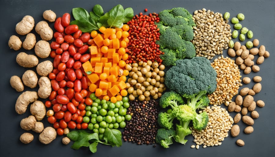 Vibrant display of vegan pantry staples and fresh ingredients on a wooden surface