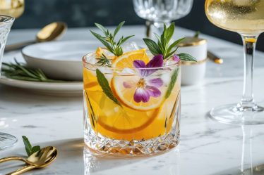 A colorful non-alcoholic mocktail in a crystal glass, layered with herbs, citrus slices, and floral garnishes, set on an elegant table.