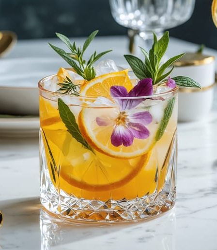 A colorful non-alcoholic mocktail in a crystal glass, layered with herbs, citrus slices, and floral garnishes, set on an elegant table.