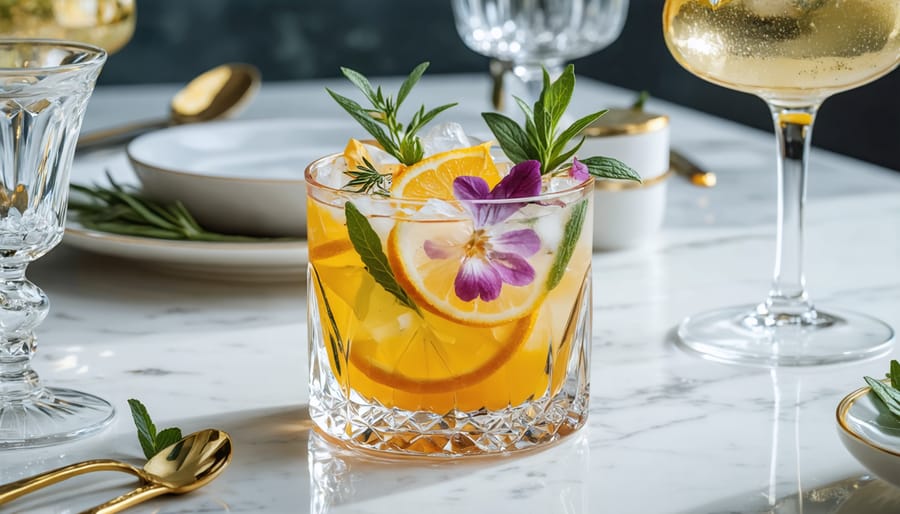 A colorful non-alcoholic mocktail in a crystal glass, layered with herbs, citrus slices, and floral garnishes, set on an elegant table.