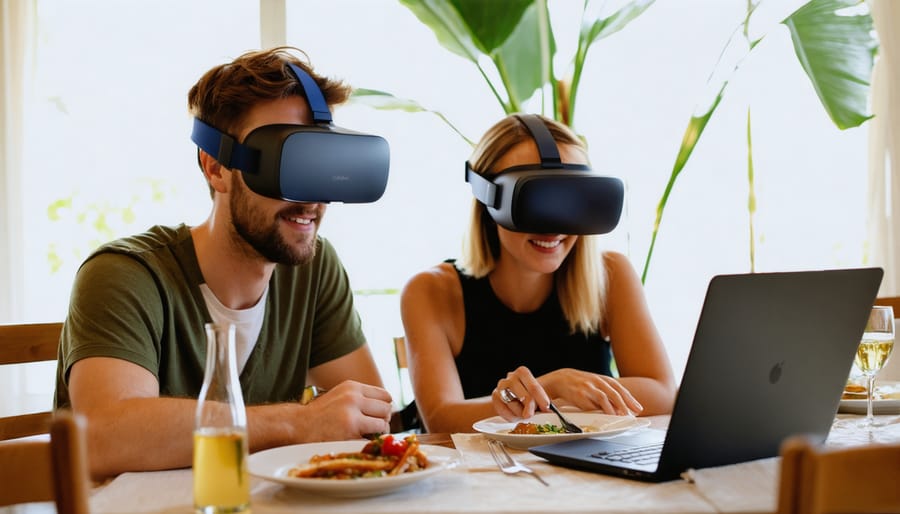 Couple having romantic dinner over video call, with matching table settings