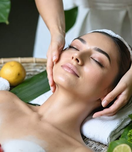 Person in a serene setting performing a holistic skincare ritual with natural ingredients, surrounded by fresh fruits and leafy greens, highlighting the connection between diet and skin health.