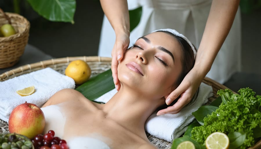 Person in a serene setting performing a holistic skincare ritual with natural ingredients, surrounded by fresh fruits and leafy greens, highlighting the connection between diet and skin health.