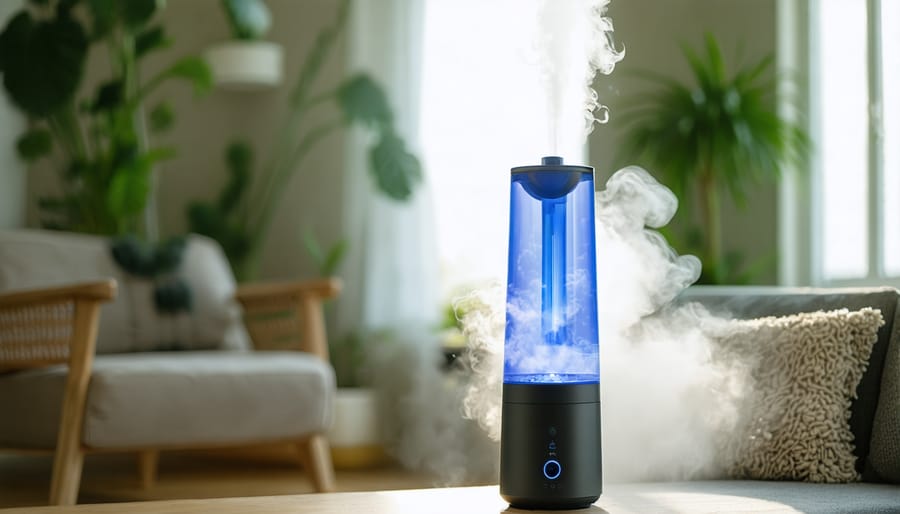 Modern humidifier in action within a comfortable living space, demonstrating optimal indoor humidity