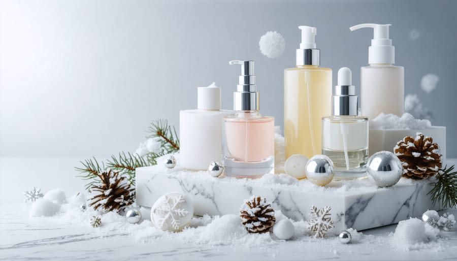 Winter skincare products arranged to demonstrate proper layering sequence, from serums to moisturizers