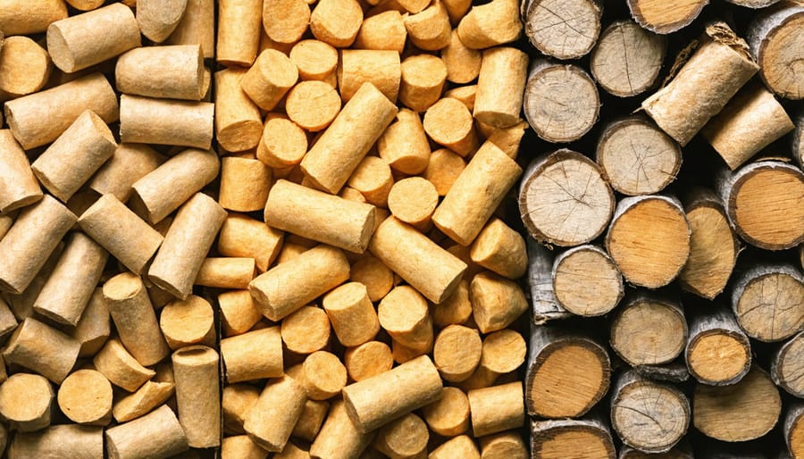 Comparison of premium and standard wood pellets showing color and texture variations