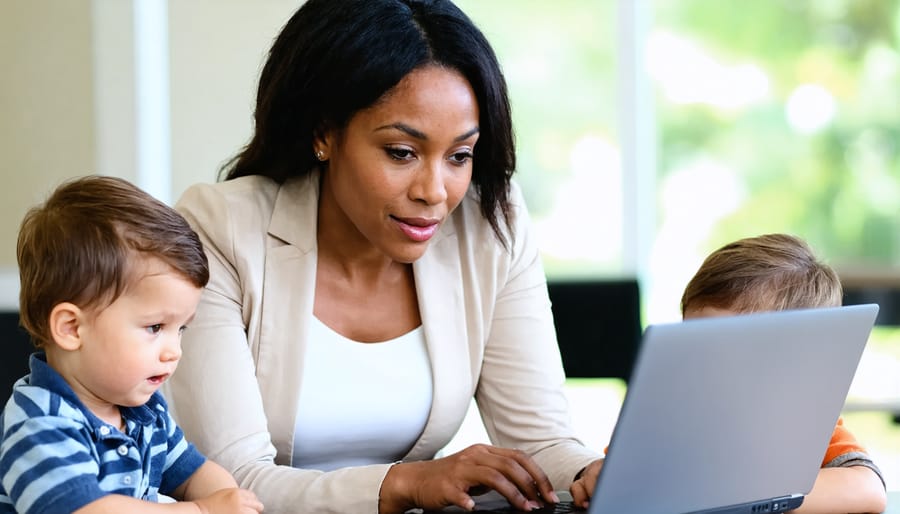 Woman transitioning from work to family time, illustrating work-life balance