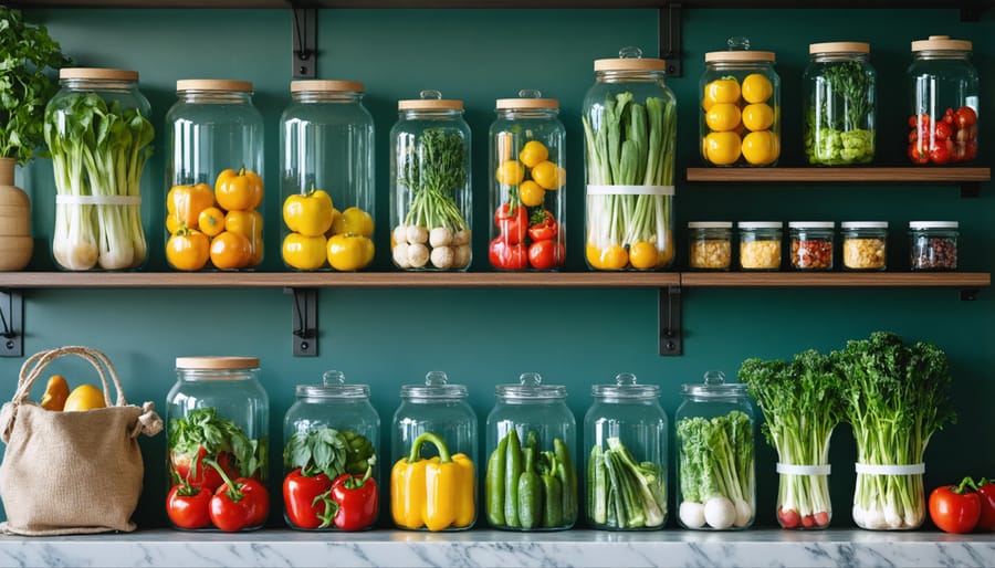 Sustainable kitchen storage solutions featuring glass containers and eco-friendly alternatives to plastic