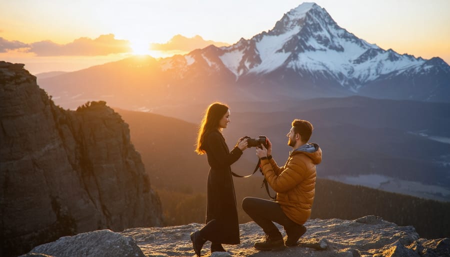 Couple getting engaged on mountain peak with dramatic sunrise backdrop